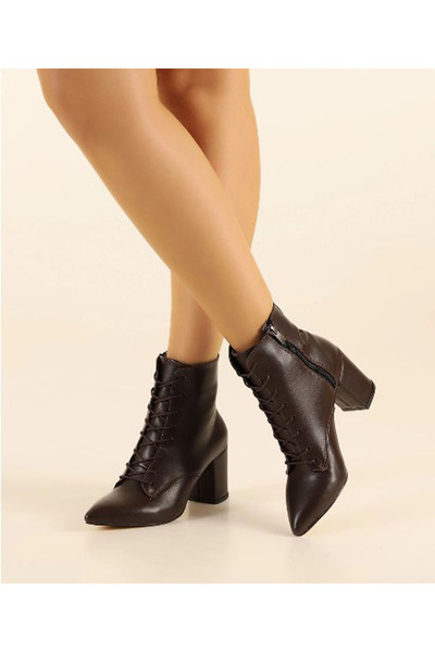 Afilli Γυναικεία παπούτσια με χοντρό τακούνι από λουστρίνι με μυτερή μύτη με φερμουάρ και κορδόνια, κομψά χειμερινά παπούτσια μισό μποτάκι