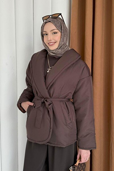 Modaensarbutik Düz Kuşaklı Cepli Şişme Mont-KAHVERENGİ