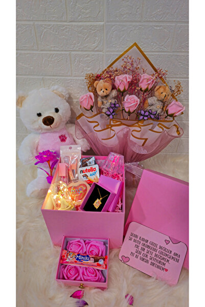 Laydy Collection Manolya Serisi Pembe Hediye Kutusu & Çiçek Buketi & Ayıcık /...