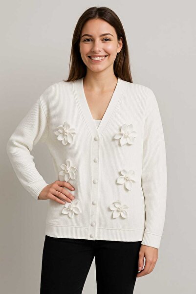 Moda Çiğdem Women's Floral Detailed Cardigan Black and White