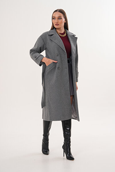 Pinpery Women's Gray Belted Lined Long Button Detailed Cashmere Coat