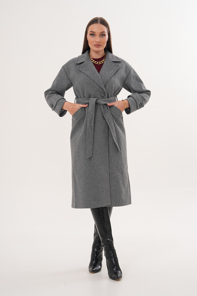 Pinpery Women's Gray Belted Lined Long Button Detailed Cashmere Coat