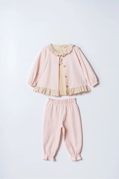 MİNİBORN 3-Piece Baby Girl Set with Lace Collar Detail