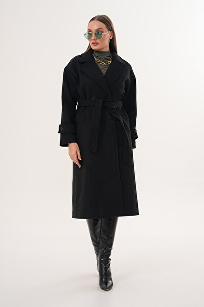 Pinpery Women's Black Belted Lined Long Button Detailed Cashmere Coat