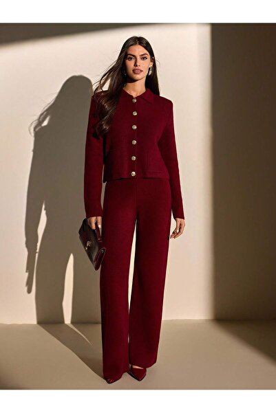 ARMİSSA TKM0012 Kadın Ceket Yaka Tüvit Gold Düğmeli Cepli Hırka-Pantolon Triko Alt-Üst Takım