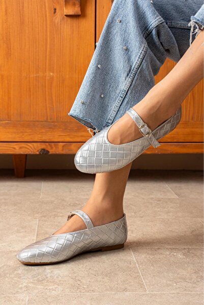 dabab shoes Lévana Women's Silver Knitted Textured Buckle Round Toe Mary Jane Ballet Flat Shoes