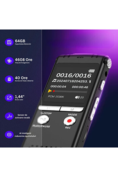 Velixo Επαγγελματική συσκευή εγγραφής φωνής, οθόνη 1,44", 64GB, MP3/WAV, μείωση θορύβου, ενεργοποίηση φωνής, USB-C