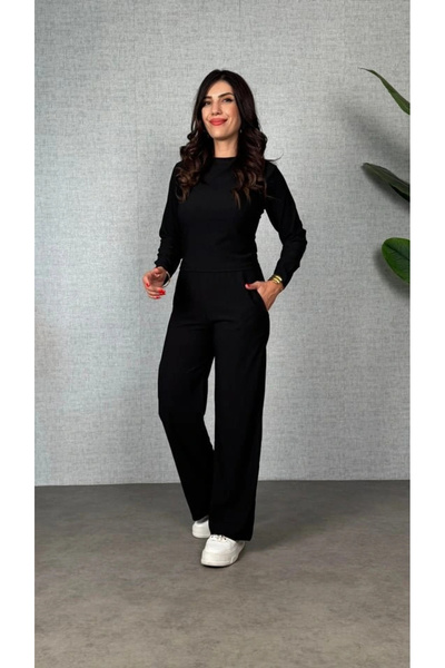 Butik Women's Long Sleeve Crew Neck Wrinkled Blouse and Pants Two-Piece Set