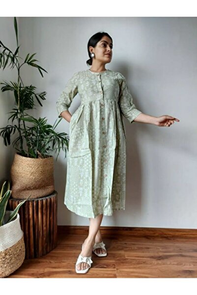 IndHeritage Premium pistachio colour dress with bagru prints for women