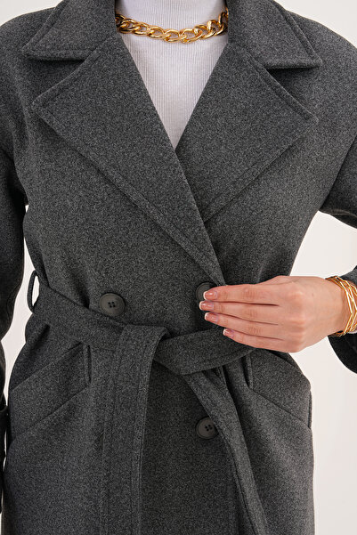 Pinpery Women's Anthracite Belted Lined Long Button Detailed Cashmere Coat