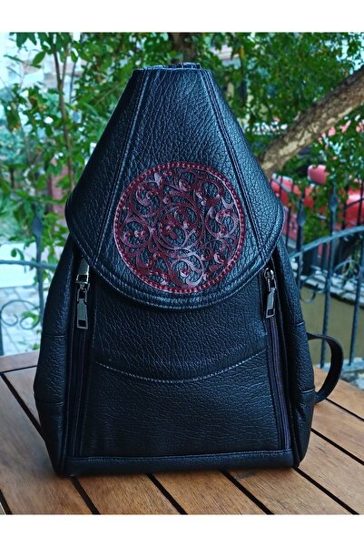 Durush Collection Genuine Leather, Design Hand-Embroidered Black Backpack
