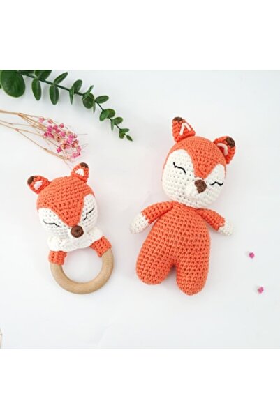 MauMau Crocheted teething toy and rattle set, fox design, handmade, soothing play for babies