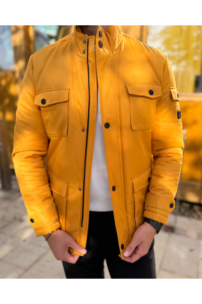 Avni Ceylan Men's Mustard Quilted Lined Slim Fit Coat