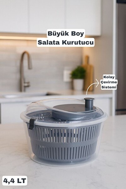 Funny Life Büyük Boy Salata Kurutucu - Pratik, Kolay Çevirme Meyve Sebze Yeşillik Yıkama Kurutma Kabı 4,4 LT