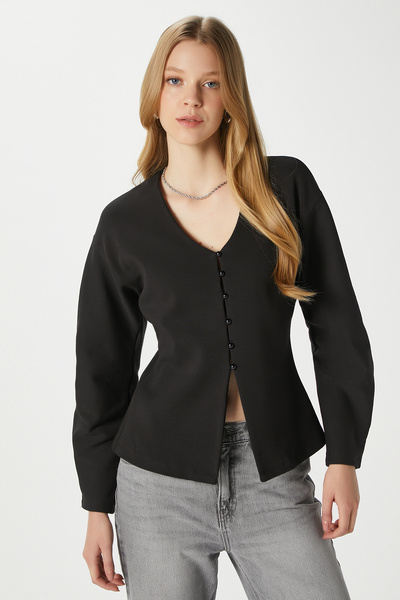 Ritnice Women's Osea Premium Fitted Black Stylish Button Detail Peplum Blouse