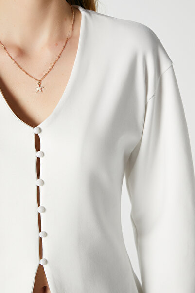 Ritnice Women's Osea Premium Fitted Ecru Stylish Button Detail Peplum Blouse