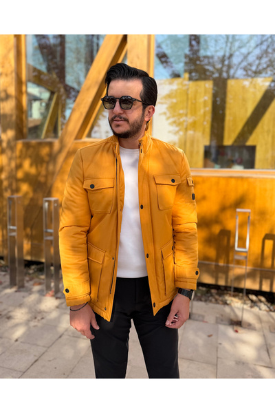 Avni Ceylan Men's Mustard Quilted Lined Slim Fit Coat