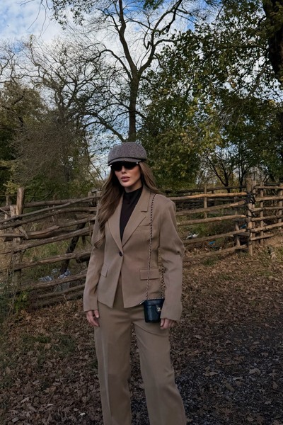 Laluvia Camel Single Button Jacket Pants Set - 9480