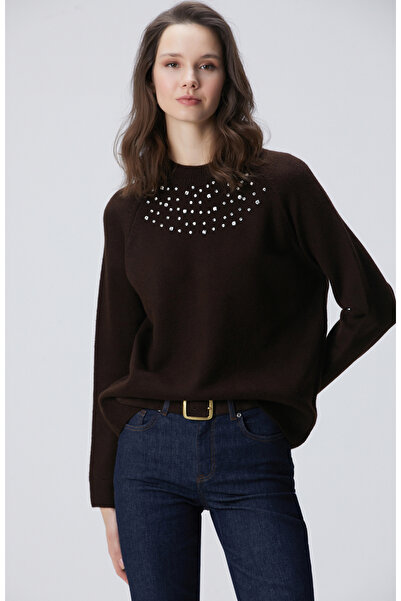 Network Kahverengi Bisiklet Yaka Taş İşlemeli Kazak