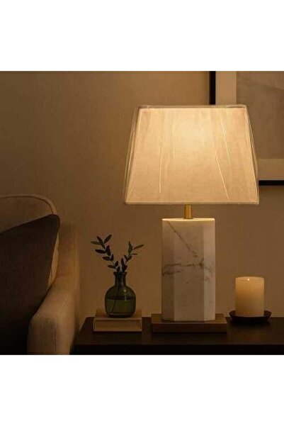 GENERAL Tarboosh Fabric Table Lamp, White, Decorative Marble Base, E27 LED Bulb