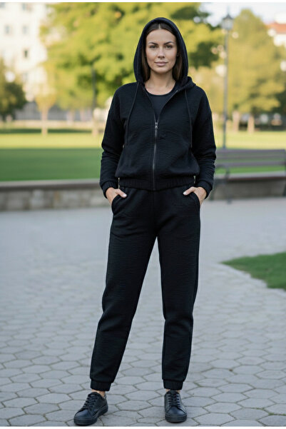 YusGos Women's Zippered Stretch Fabric Modal Fabric Embossed Patterned Hooded High Quality Slim Tracksuit Set