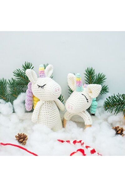 MauMau Crocheted Unicorn Teether and Rattle Set, Handmade