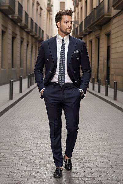 NAZEF Slim Fit Pointed Collar Double Slit Wool Blend Double-Breasted Navy Blue Suit