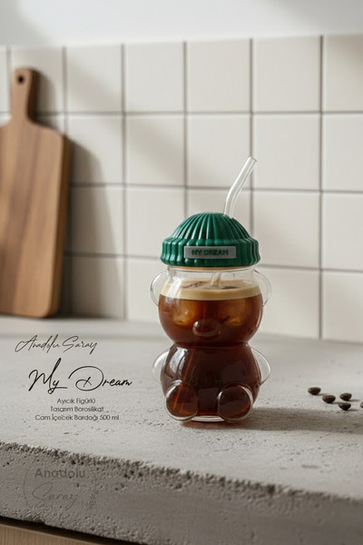 Anadolu Saray Teddy Bear My Dream Design Borosilicate Glass Beverage Cup and Plastic Lid with Straw 500 ml