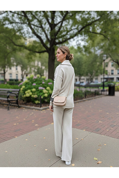 YusGos Women's Stripe Detailed Bottom Top Pants Sweater Knitwear Set