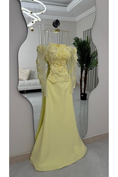 berlanty Women's evening dress with 3D embroidery and sheer sleeves - elegant light yellow