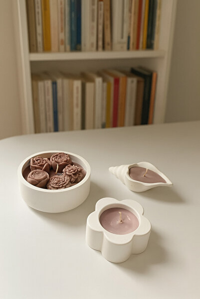 CAELIA HOME 3’lü Mum Set Beton Saksı da Çiçekli Mum ve İstiridye Mum