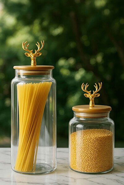 Jenisa 2-Piece Gold Metal Deer Figured Glass Jar with Bamboo Lid – Storage Container 1400ml + 890 ml