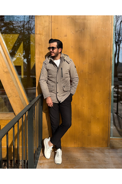 Avni Ceylan Casual Comfort Men's Beige Hooded Coat