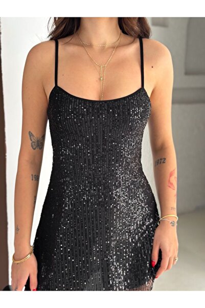 By Kuzey Aras Women's Sequined Adjustable Strap Stylish Mini Dress