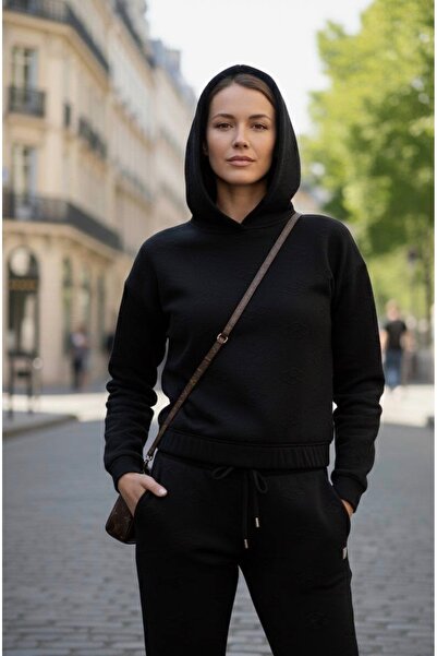 YusGos Women's Zippered Stretch Fabric Modal Fabric Embossed Patterned Hooded High Quality Slim Tracksuit Set