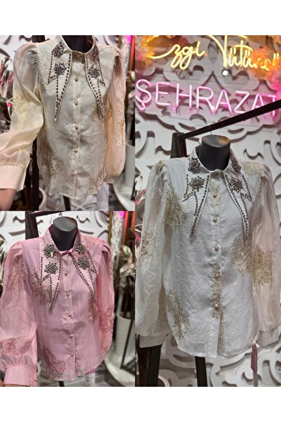 ŞEHRAZAT BUTİK Stylish Shirt with Stone Detail on the Collar