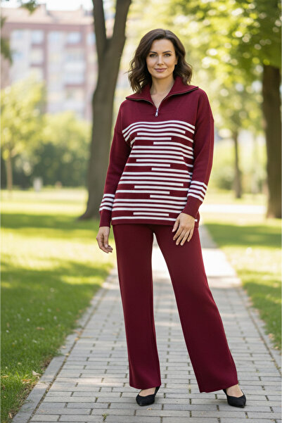 YusGos Women's Stripe Detailed Bottom Top Pants Sweater Knitwear Set