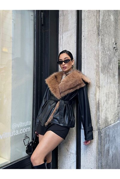 Bak'ap Premium Trend Viral δερμάτινο μπουφάν με γούνινο γιακά με κορδόνια