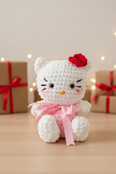 LunivellArt Amigurumi Kadife İp Çiçekli Kedi Oyuncak - 21 cm Yumuşak Uyku Ark...