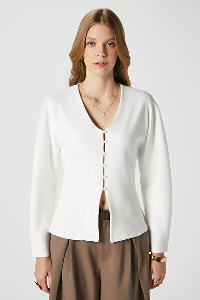 Ritnice Women's Osea Premium Fitted Ecru Stylish Button Detail Peplum Blouse