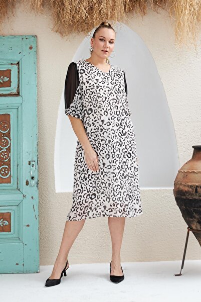 RMG Plus Size Ecru Dress with Sleeve Detail and Leopard Pattern