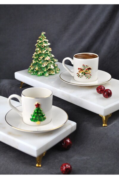 Qualitev 2-Person New Year Decorated Porcelain Coffee Cup Set 90 ml New Year 4 Pieces