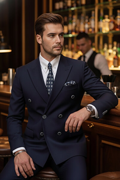 NAZEF Slim Fit Pointed Collar Double Slit Wool Blend Double-Breasted Navy Blue Suit