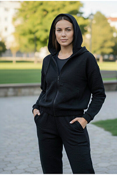 YusGos Women's Zippered Stretch Fabric Modal Fabric Embossed Patterned Hooded High Quality Slim Tracksuit Set