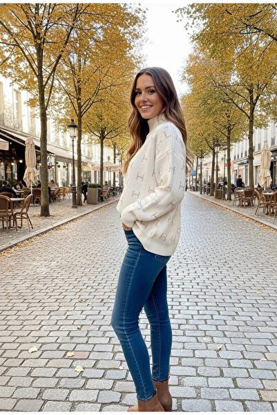 YusGos Women's Half Turtleneck Balloon Sleeve Oversized High Quality Winter Knitwear Sweater