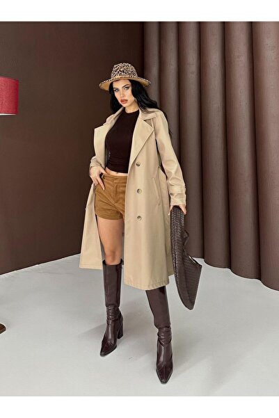 CyRo Women's Bondit Fabric Button Detailed Belted Trench Coat