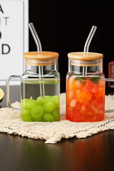 ERKUGO 2 Pcs Borosilicate Presentation Cup with Bamboo Lid and Straw, Coffee ...