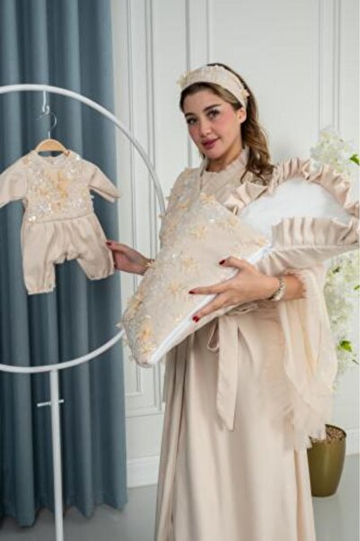 obejana Beige Mother & Baby Reception Set - Stretch Taffeta Dress, Baby Outfit & Padded Mat