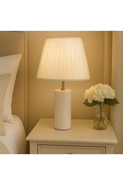GENERAL Fez-style White Fabric Table Lamp with White Marble Base, E27 LED