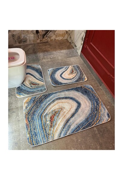 OPTIM DEKO Bath Mat Set of 3 Pieces, Non-Slip 100x60, 60x50, 40x60, Blue/Cream/Brown